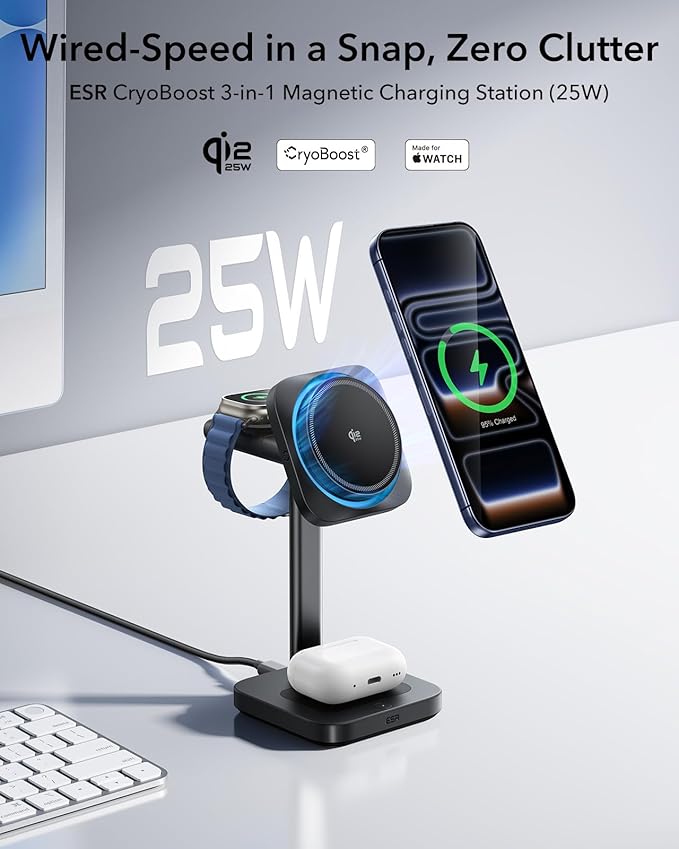 ESR for 3-in-1 Charging Station, Qi2.2 Certified 25W MagSafe Charger Stand with CryoBoost, Phone-Cooling Fast Charging Station, for iPhone 17/16/15/14/13/12, AirPods, Apple Watch, Black