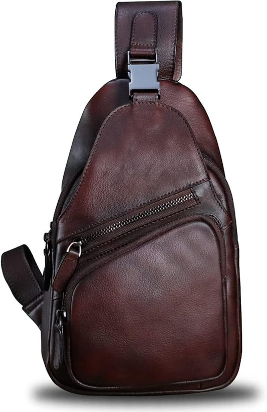 Genuine Leather Sling Bag Crossbody Purse Handmade Hiking Daypack Motorcycle Bag Retro Shoulder Backpack Vintage Chest Bag (Coffee)