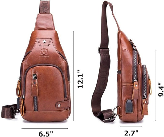 BULLCAPTAIN Leather Men Sling Bags Travel Crossbody Chest Bag Hiking Daypack with USB Charging Port Multi-Pocket
