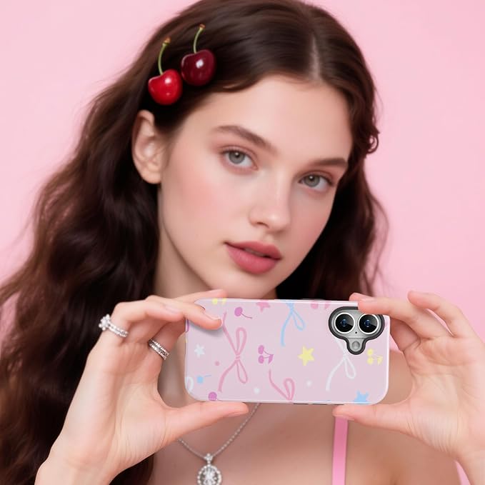QLTYPRI Case for iPhone 16 Plus, Aesthetic Colorful Bow Cherry Stars Phone Case for Girls Women, Protective Hybrid 2-Layer Hard Shell Silicone Cover Durable Shockproof Phone Cover - Pink