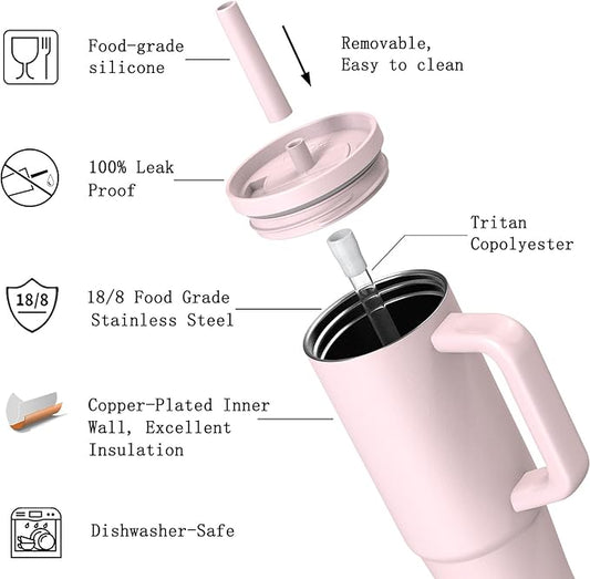 TILUCK 30 oz Tumbler with Handle, Vacuum Insulated Stainless Steel Travel Mug with 100% Leak-Proof Silicone Straw Lid, Cupholder Friendly Water Bottle(LightPink, 30oz)