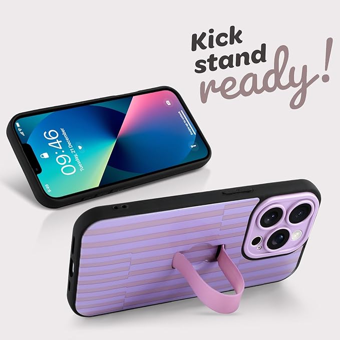 Compatible with iPhone 13 Pro Max Case with Finger Hand Strap Kickstand, Trendy Cool Striped Phone Case for Women Men, Full Camera Protection Shockproof Protective Cover, Purple Stripes