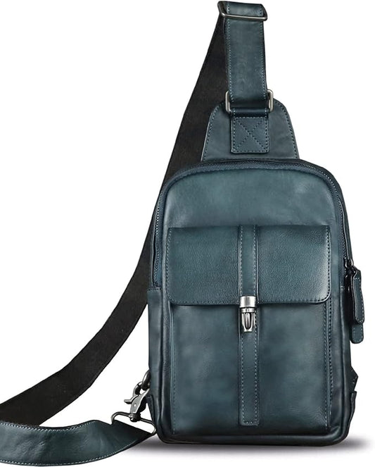IVTG Genuine Leather Sling Bag Casual Shoulder Hiking Backpack Vintage Handmade Crossbody Bag Retro Chest Daypack (NavyBlue)