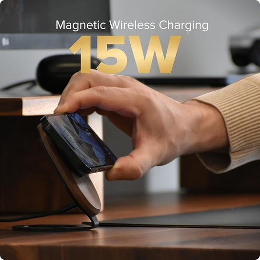 ARK Uno - Solid Wood MagSafe Stand Magnetic Wireless Charging Station w/Adapter & USB to USB C15W Wireless Charger. for iPhone 12-17 & Some Samsung. Home, Office, Kitchen,Best Mens Gifts!
