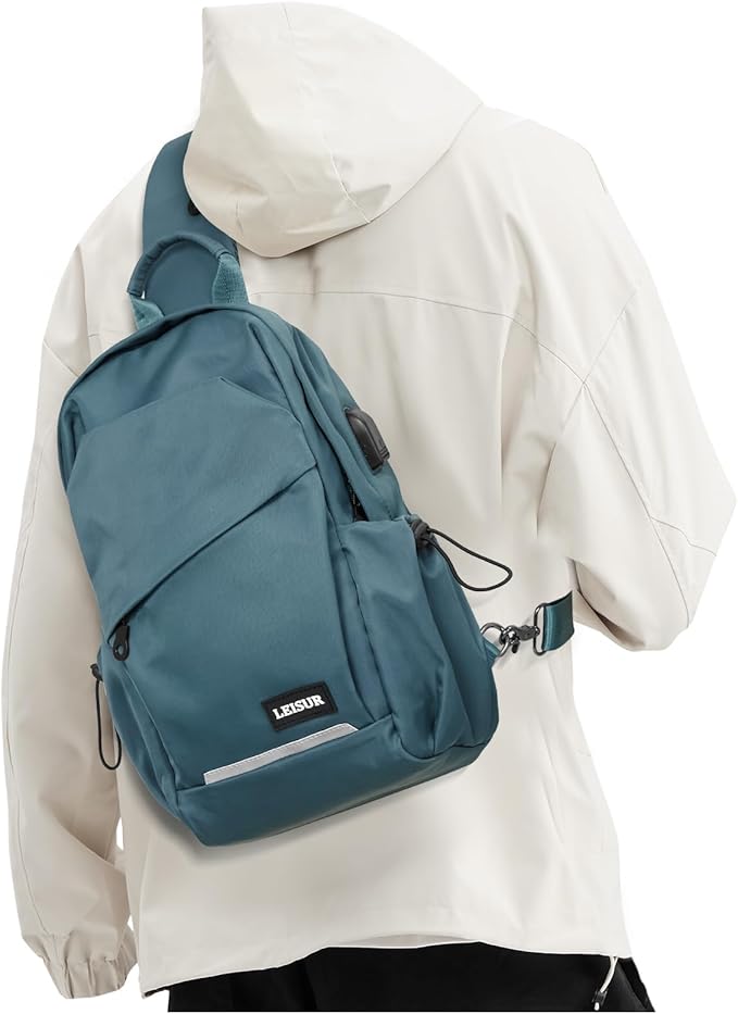 Small Sling Bag for Men Women - Lightweight Crossbody Backpack, Multipurpose Shoulder Bag, Compact Chest Daypack for Travel Hiking Gym Sport with USB Charger Port Peacock Blue