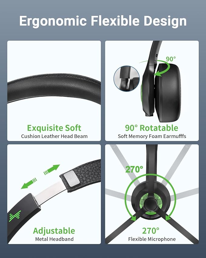 Wireless Headset with AI Noise Cancelling Microphone Bluetooth Headset - Bluetooth V5.2 Headphones with USB Dongle & Mic Mute for Computer/Laptop/PC/iPhone/Android/Cell Phones/Zoom-Green