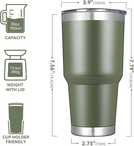 DOMICARE 30 oz Tumbler with Lid and Straw, Stainless Steel Tumblers Bulk, Insulated Vacuum Double Wall Travel Coffee Mug, Durable Powder Coated Tumbler Cups (Army Green, 4)