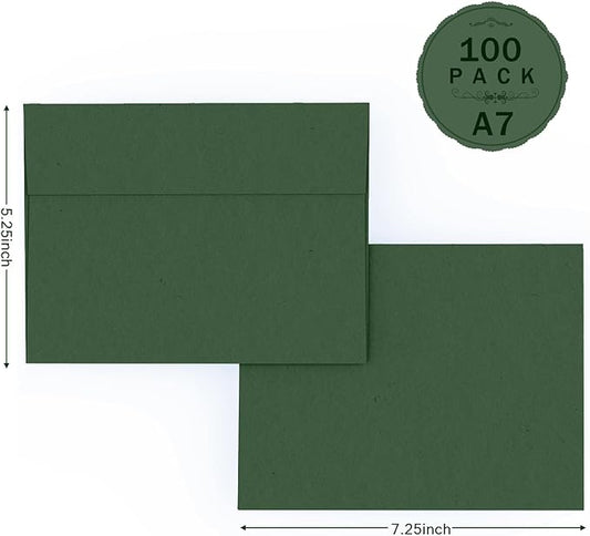 100 Pack Dark Green Envelopes 5x7, Goefun A7 Self Seal Printable Envelopes for Invitation, Photos, Bridal Shower, Wedding, 5.25 x 7.25 in, 120GSM