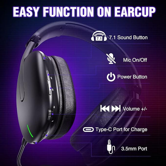 TA82 Wireless Gaming Headset with Detachable Noise Canceling Microphone for PS5 PS4 PC, 2.4GHz USB Gamer Headphones with 7.1 Surround Sound, Memory Foam Ear Pads