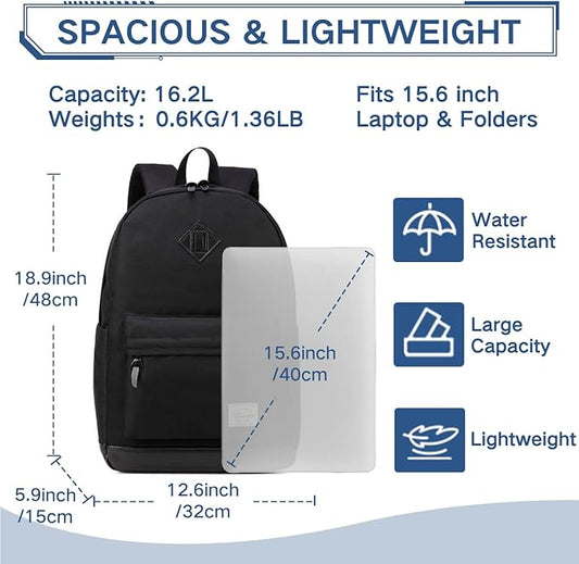 VASCHY Backpack for Men Women, Water-Resistant School Backpack Bookbag Daypack for Teens/College Students Plain Black