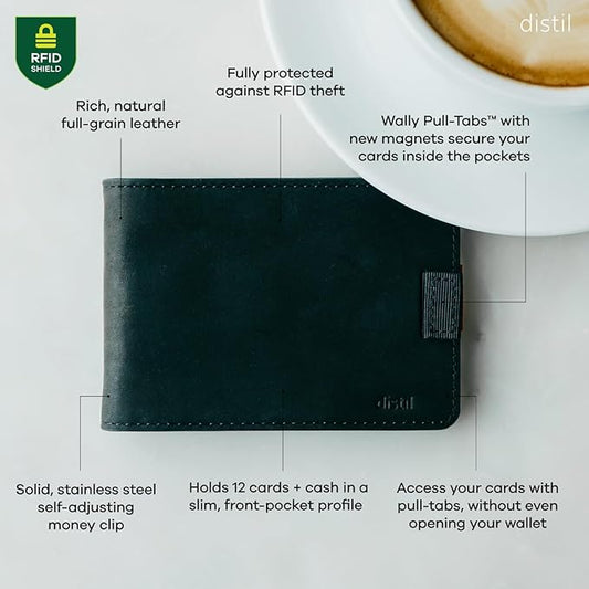 Distil Union Wally Classic RFID Wallet - No ID Window - Slim Bifold Wallet for Men with Money Clip, Premium Leather – Minimalist RFID Card Holder - Holds 12 Cards & 30 Bills - Black