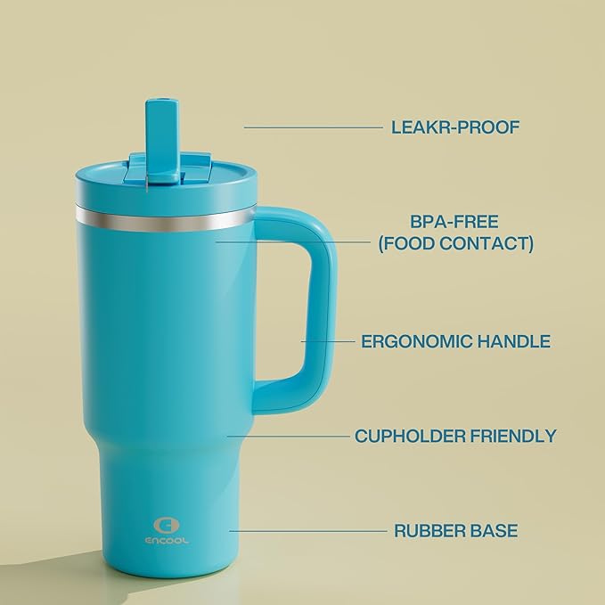 32 oz Tumbler with Handle and Straw: Stainless Steel Insulated Tumbler Keeps Cold for 24 Hours, Leakproof Travel Cup Fits in Cup Holder and BPA-Free, Azure Blue