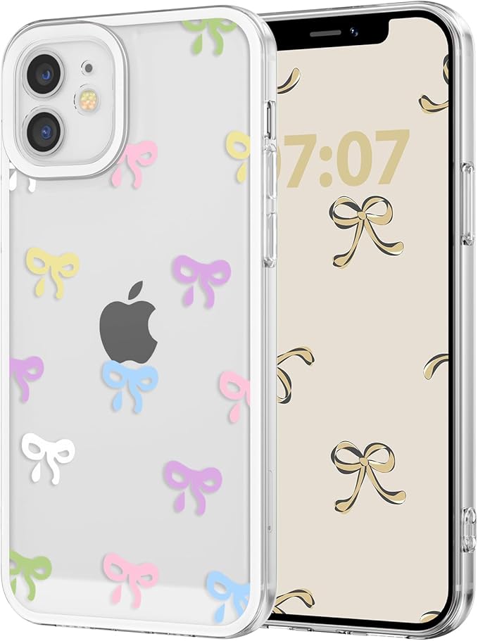 EYZUTAK Case for iPhone 12, Clear Cute Ribbon Bowknot Pattern Aesthetic Transparent Phone Case Raised Camera Protection Stylish Slim Soft Durable TPU Protective Cover for Women Girls - Colorful
