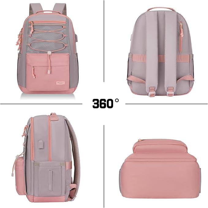 School Backpack for Teens Girls, Aesthetic College Backpack Large Bookbag for Women Students Fashion 15.6 Inch Laptop Bag for Work Travel (Pink & Grey)