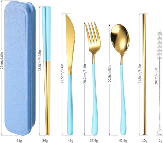 AARAINBOW 6 Pieces 18/8 Stainless Steel Flatware Set Portable Reusable Cutlery Set Travel Utensils Set Including Chopsticks Knife Fork Spoon Straws Cleaning Brush Dishwasher Safe (Light Blue Golden)