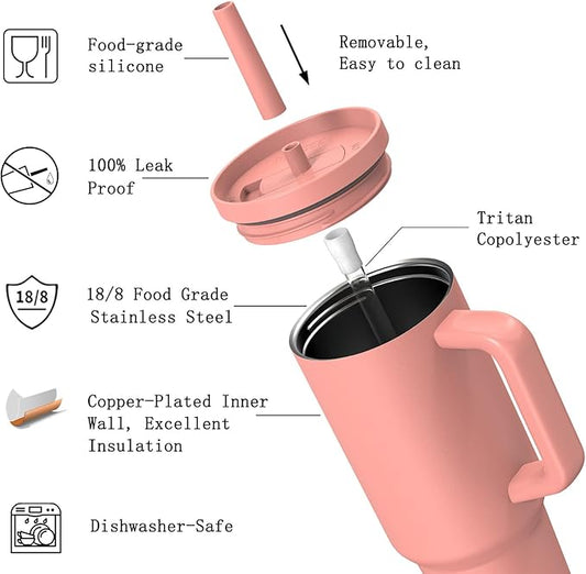 TILUCK 40 oz Tumbler with Handle, Vacuum Insulated Stainless Steel Travel Mug with 100% Leak-Proof Silicone Straw Lid, Cupholder Friendly Water Bottle(CoralRed, 40oz)