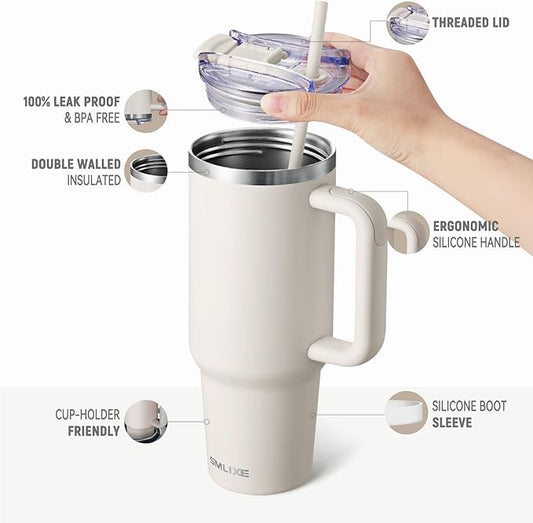 40 oz Tumbler with Handle and Straw Lid,Insulated Reusable Stainless Steel Water Bottle Travel Mug,Cupholder Friendly Double Wall Vacuum Sealed Cup (Almond Birch)