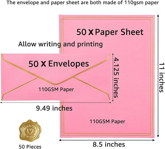 50 Pack 5 Colors Stationery Set with Gold Border, #10 Business Envelopes and 8.5x11 Paper Sheets and Stickers for Writing Letters (Pink)