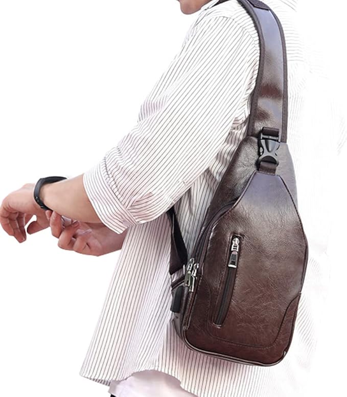 Peicees Leather Sling Bag Mens Crossbody Bag Chest Bag Sling Backpack for Men with USB Charge Port