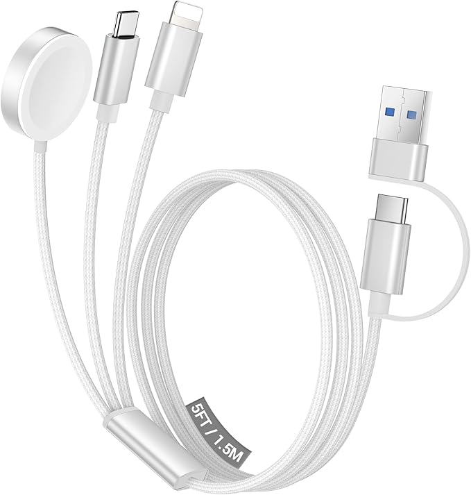 Temdan for Travel Vacation Essentials,3 in 2 USB C Cable for Apple Watch Charger/iPhone 17 Charger/Lightning,Multi Charging Cable Cord,Camping Essentials,Designed for iWatch &iPhone 16-12-5FT White