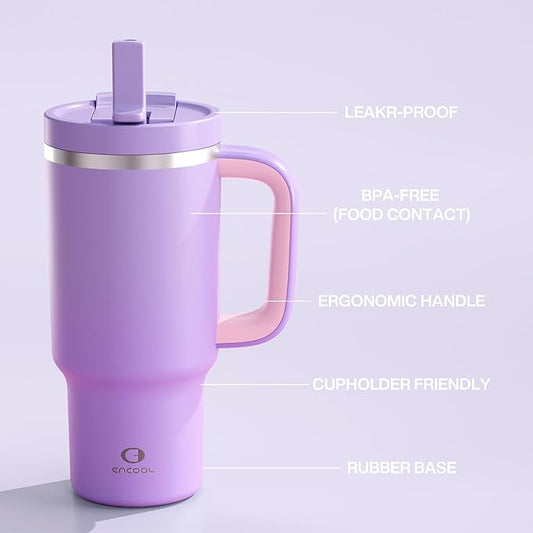 32 oz Tumbler with Handle and Straw: Stainless Steel Insulated Tumbler Keeps Cold for 24 Hours, Leakproof Travel Cup Fits in Cup Holder and BPA-Free, Mauve
