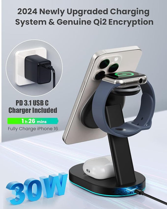 3 in 1 Wireless Charger Charging Station for iPhone,Qi2 Certified 15W Magnetic Charging Stand for Mag-Safe with 30W USB C Adapter&Friendly Night Light for iPhone 16/15/14/13/12,Apple Watch,AirPods