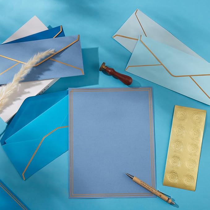 50 Pack 5 Colors Stationery Set with Gold Border, #10 Business Envelopes and 8.5x11 Paper Sheets and Stickers for Writing Letters (Blue)