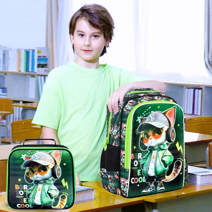 CCJPX 16" Cat Backpack for Boys, 3PCS Kids Water Resistant Preschool Bookbags, Cool Kindergarten School Backpacks and Lunch Box