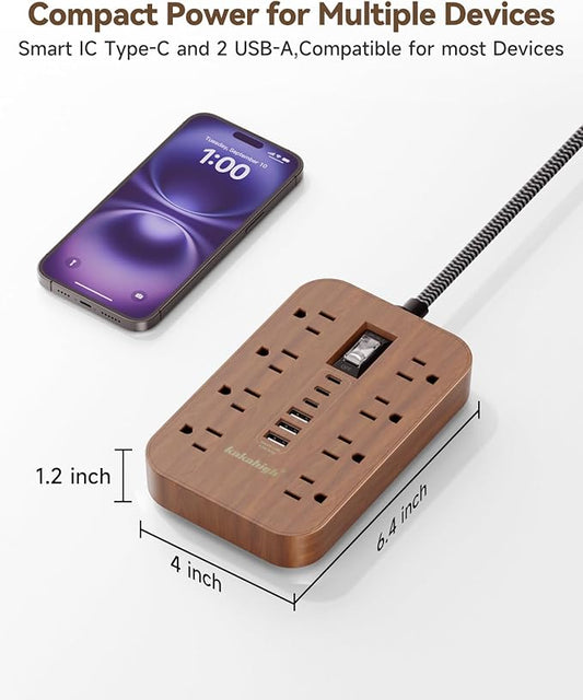 Walnut Extension Cord with Multi Ports - 5 FT Flat Braided Power Strip, 1625W Tan Extension Cord with 6 AC Outlet 3 USB, Compact for Brown Tan Wood Walnut Grain Distinctive Vintage Desk Accessories