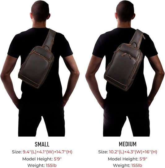 Polare Modern Style Sling Shoulder Bag Men’s Travel/Hiking Daypack with Full Grain Italian Leather and YKK Zippers