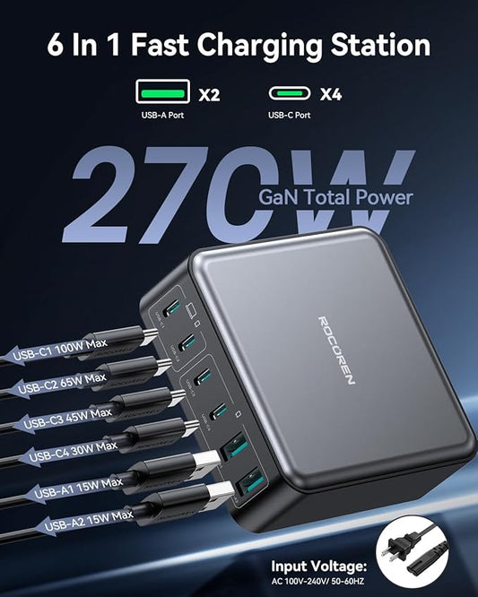 270W USB C Charger Block, Rocoren 6 Port Multi USB-C Charging Station,100W PD Fast USBC Gan Charger Station Hub Dock for Multiple Devices, Laptop Type C for MacBook/iPhone 16/iPad/Galaxy S25