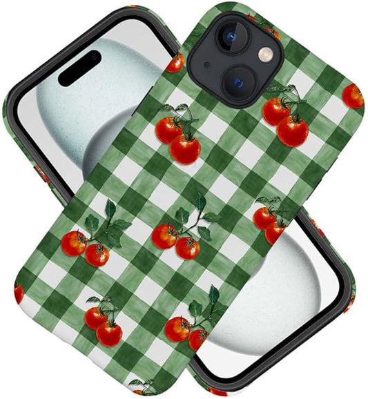 DAIZAG Case Compatible with for iPhone 15 Plus,Green Red Checkerboard Tomatoes Watercolor Phone Case for iPhone 15 Plus for Girl Women Boy Men