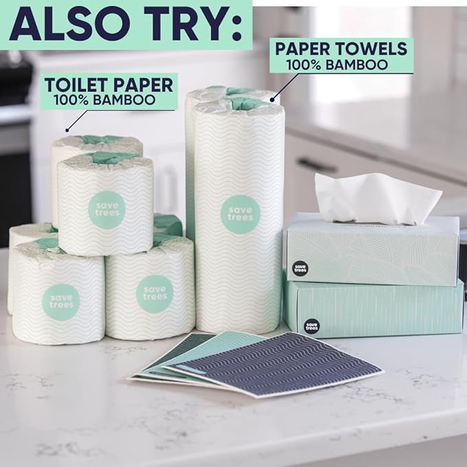 Save Trees Bamboo Facial Tissues - 12 Boxes of Eco-Friendly, 3-Ply Hypoallergenic Tissues, 90 Sheets per Box, FSC Certified, Plastic-Free Packaging, Soft & Gentle for Home Use