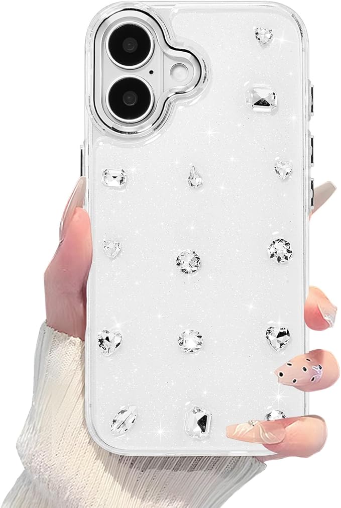 EYZUTAK Case for iPhone 16, Bling Glitter 3D Diamond Phone Case Cute Sparkly Crystal Clear Aesthetic Design Case Slim Soft Durable TPU Transparent Protective Cover for Women Girls - Crystal
