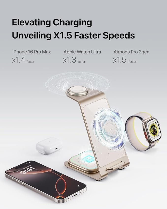 Intoval 3 in 1 Wireless Charging Station for iPhone 16 15 14 13 12 11 X Pro Max, Wireless Charger for Apple Watch Ultra 3 SE 9 8 7 6 5 4 3 2, for AirPods 4 Pro Pro 2 3 (Y93, Desert)