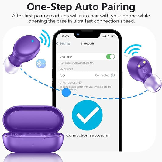 MOZOTER S8 Mini Wireless Earbuds Bluetooth 5.3 in Ear Light-Weight Headphones,60Hrs Playtime Ear Buds with Charging Case,Bluetooth Headsets,Premium Sound with Deep Bass for Sport-Purple
