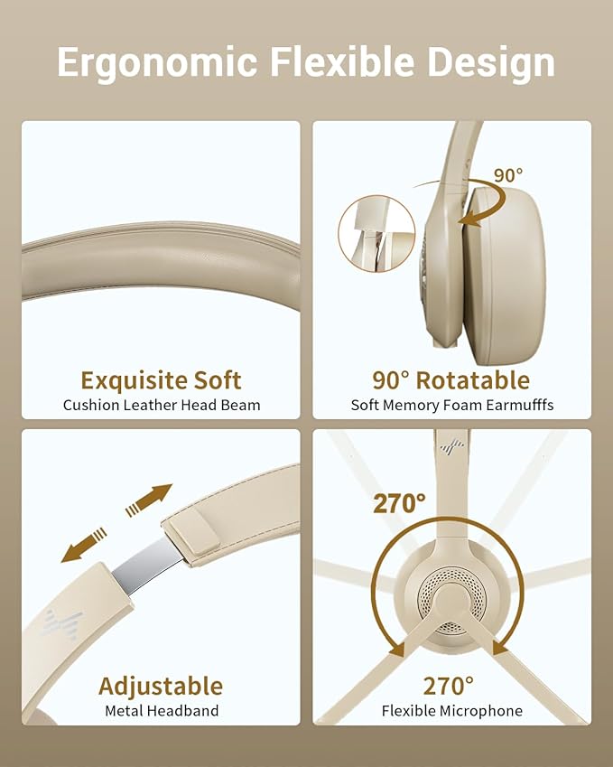 Wireless Headset with AI Noise Cancelling Microphone Bluetooth Headset - Bluetooth V5.2 Headphones with USB Dongle & Mic Mute for Computer/Laptop/PC/iPhone/Android/Cell Phones/Zoom-Apricot