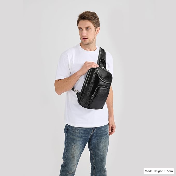 LANNSYNE Vintage Full Grain Leather Sling Bag Crossbody Chest Daypack