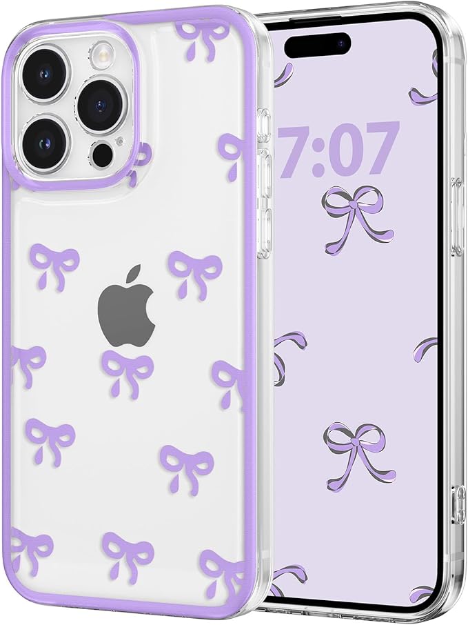 EYZUTAK Case for iPhone 12 Pro, Clear Cute Ribbon Bowknot Pattern Aesthetic Transparent Phone Case Raised Camera Protection Stylish Slim Soft Durable TPU Protective Cover for Women Girls - Purple