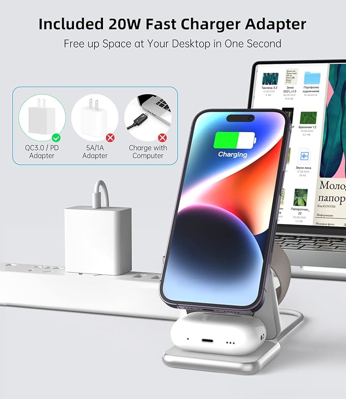 Foldable Magnetic Wireless Charger, KU XIU X40 Aluminum Alloy 3-in-1 Charging Station for Apple, Fast Charging Travel Charger for iPhone 16 15 14 13 12Series, 5W Apple Watch 1-10/Ultra, AirPods,Silver