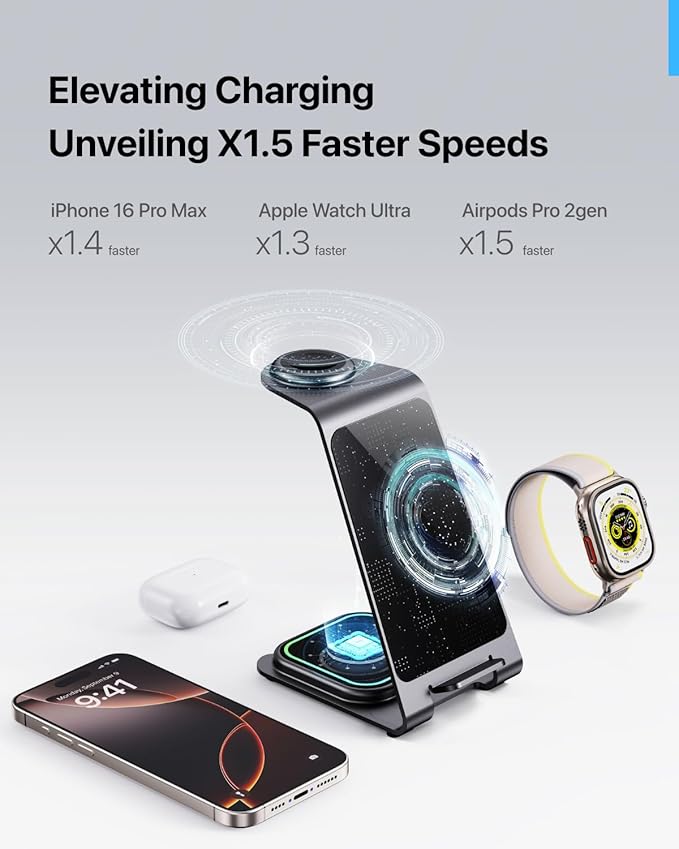 Intoval 3 in 1 Wireless Charging Station for iPhone 16 15 14 13 12 11 X Pro Max, Wireless Charger for Apple Watch Ultra 3 SE 9 8 7 6 5 4 3 2, for AirPods 4 Pro Pro 2 3 (Y93, Grey)