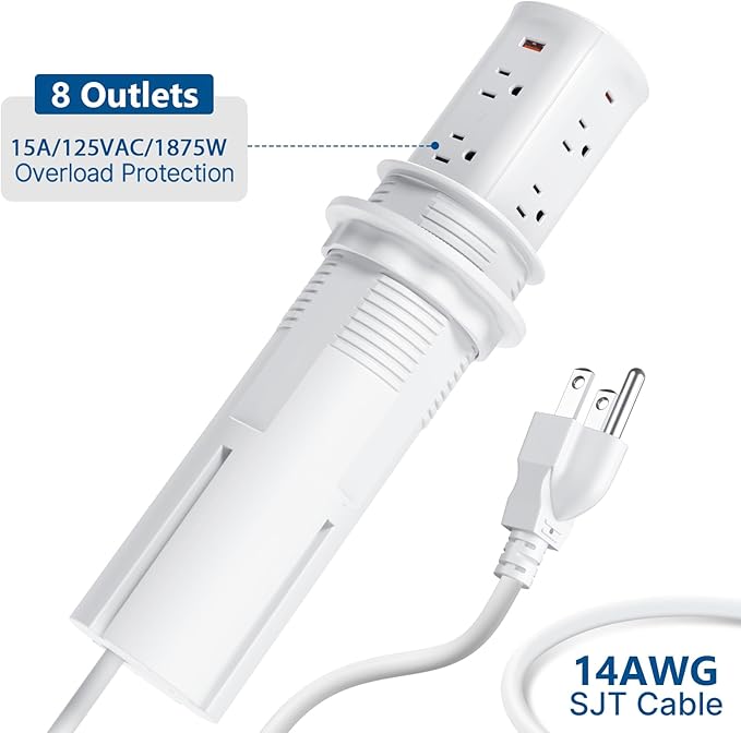 Pop up Outlet for Countertop,3 inch Hole Desktop Power Grommet,8 Outlets 4 USB Ports,15Amp Tamper Resistant Receptacle Flush Mount,Space Saver Recessed Outlet for Home,Office,ETL Listed