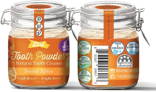 The Dirt - Remineralizing Tooth Powder, Natural Fluoride-Free Teeth Whitening Powder with Hydroxyapatite, Flouride & Gluten Free, Organic Vegan (Sweet Spice, 51g: 6 Month Supply)