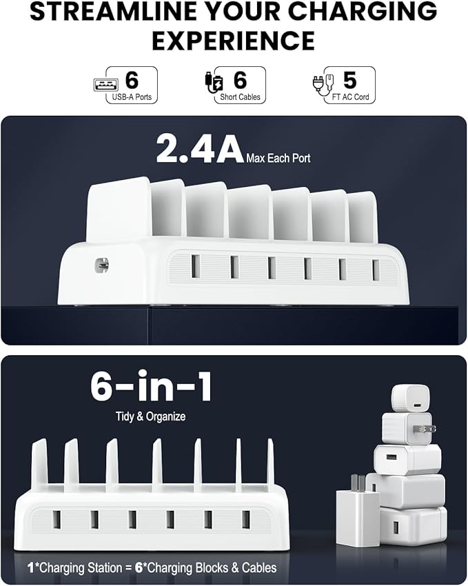Charging Station for Multiple Devices, Honcila 50w 6 Port Fast Charger Stations for iPhone, iPad, Cell Phone, Tablet, Multi Device Charging Dock Organizer with 6 Mixed Charging Cables
