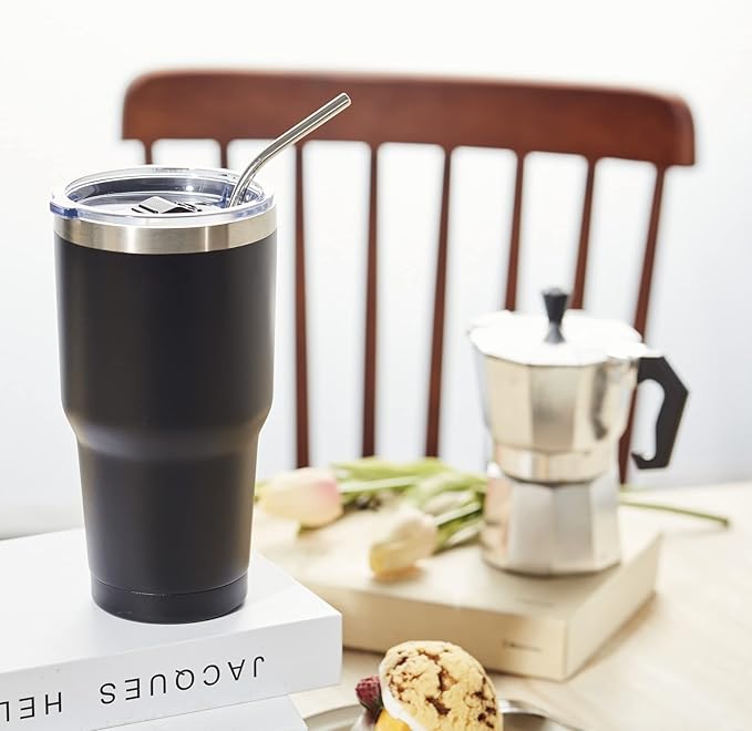 COMOOO 30oz Black Stainless Steel Tumbler Bulk with Lid Insulated Tumbler Coffee Cup Durable Double Wall Vacuum Travel Coffee Mug Thermal for Hot and Cold Drinks (Black, 8 Pack)