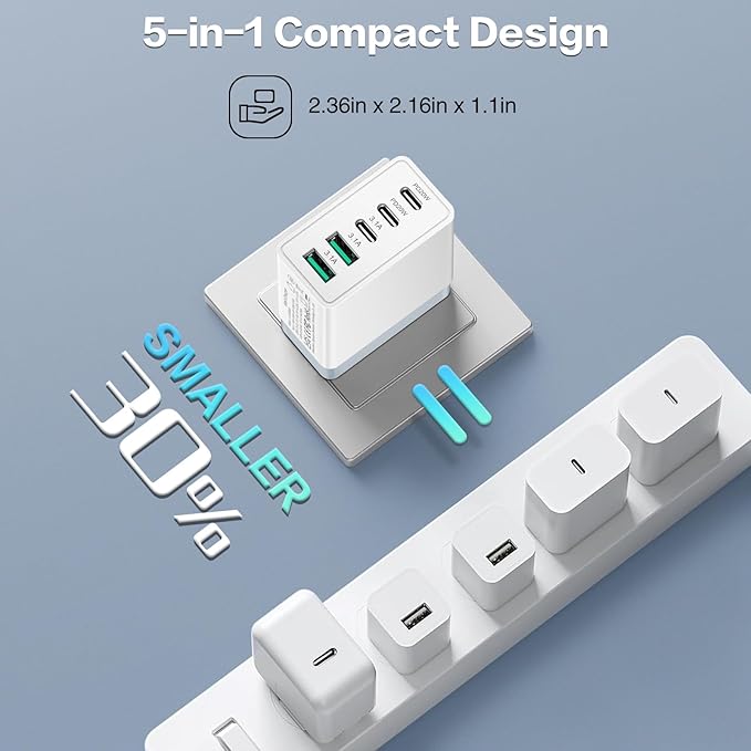 USB C Fast Charger Block,50W 5-Port Wall Charger Brick,2 USB A & 3 USB C PD3.0 Power Adapter Multiport Type C Charging Plug for iPhone 16/15/14/13,iPad mini/Pro,Galaxy