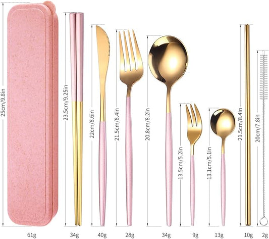 AARAINBOW 8 Pieces Stainless Steel Flatware Set Portable Reusable Cutlery Set Travel Utensils Set Including Chopsticks Knife Fork Spoon Straws Cleaning Brush Dishwasher Safe (Pink Golden)