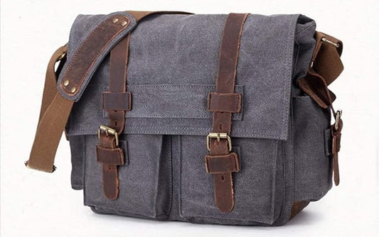 Sechunk Vintage Military Leather Canvas Laptop Bag Messenger Bags Medium