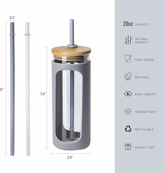 Kodrine 20oz Glass Water Tumbler with Straw and Lid, Bamboo Lids Water Bottle, Iced Coffee Cup Reusable, Wide Mouth Smoothie Cups with Protective Silicone Sleeve BPA FREE-Grey