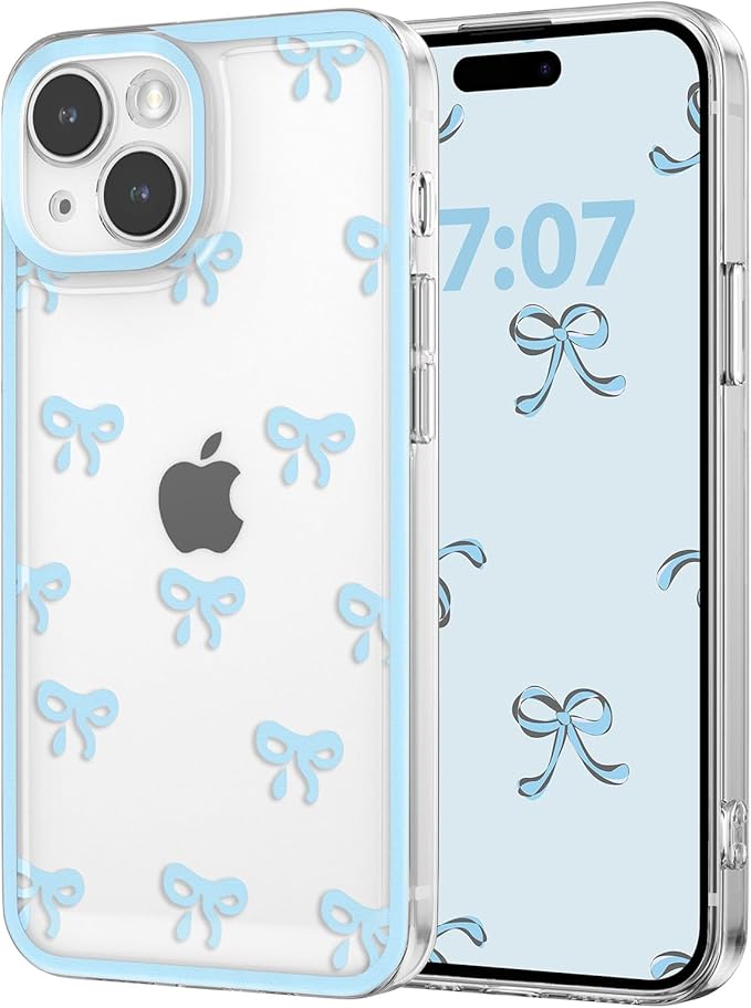 EYZUTAK Case for iPhone 13, Clear Cute Ribbon Bowknot Pattern Aesthetic Transparent Phone Case Raised Camera Protection Stylish Slim Soft Durable TPU Protective Cover for Women Girls - Blue